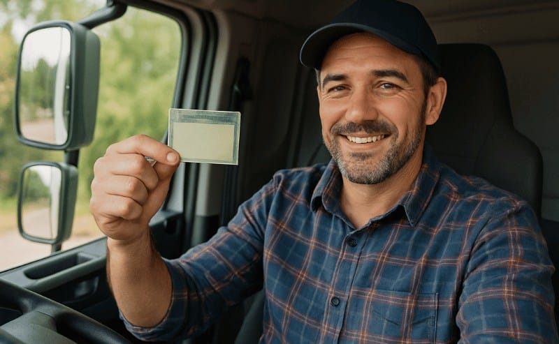 um caminhoneiro sorridente dentro da cabine do caminhão, segurando sua carteira de motorista