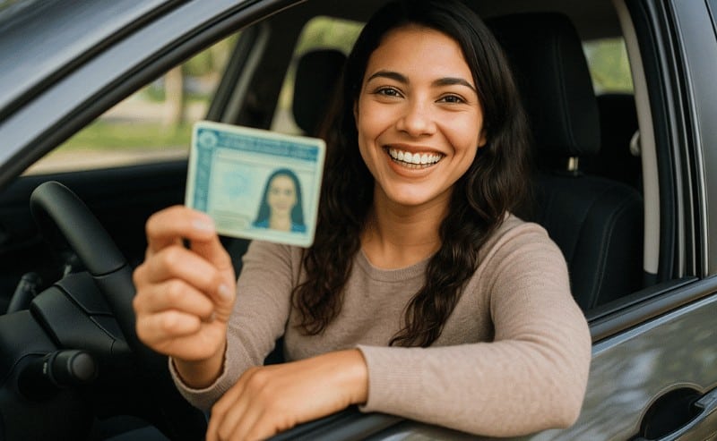A imagem mostra uma mulher sorrindo no banco do motorista enquanto segura uma carteira de motorista, transmitindo orgulho e leveza.
