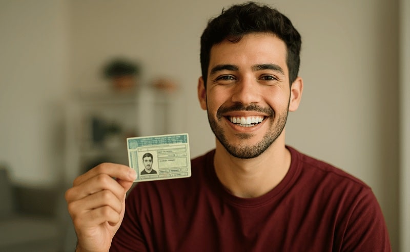 um jovem sorridente segurando sua carteira de motorista com a mão direita