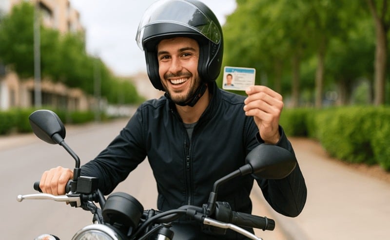 Rapaz sorridente sobre uma moto, usando capacete e segurando sua carteira de motorista