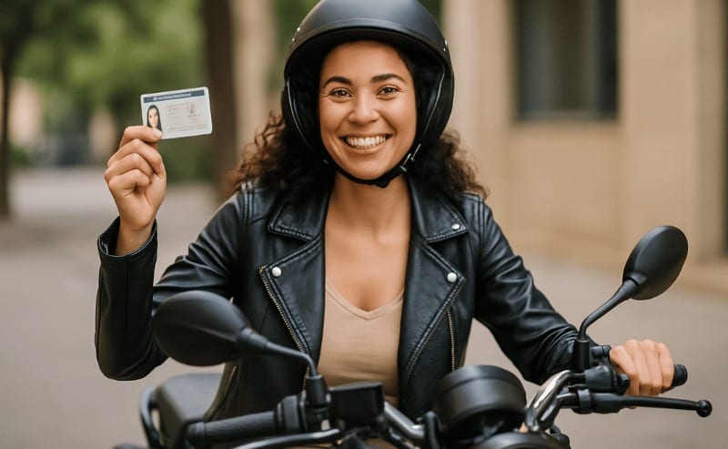 Mulher sorridente sobre uma moto, usando capacete e segurando sua carteira de motorista com orgulho em um ambiente urbano