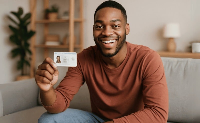 Rapaz negro sorridente sentado no sofá de casa, mostrando com orgulho sua carteira de motorista em mãos.
