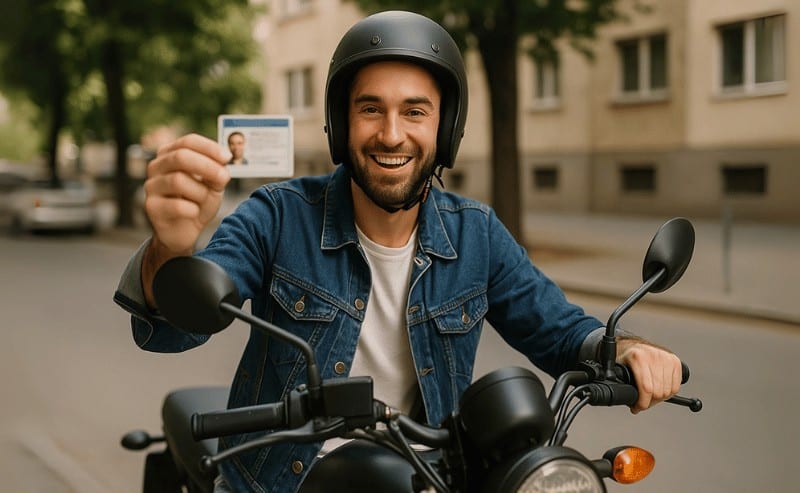 Imagem de um homem sorridente sentado em uma moto, usando capacete e jaqueta jeans, mostrando sua carteira de motorista com orgulho em uma rua urbana.