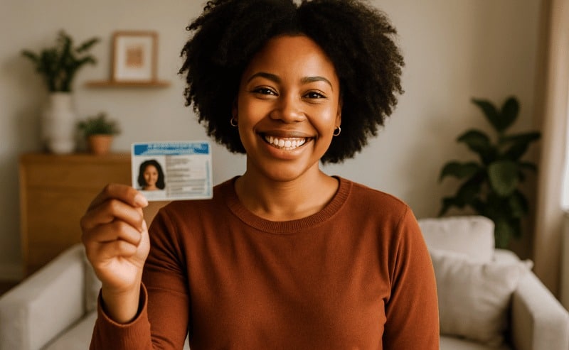 Mulher negra sorridente em sua casa, segurando com orgulho sua carteira de habilitação, em um ambiente acolhedor e iluminado naturalmente.