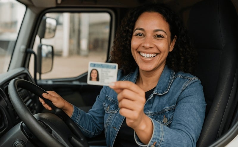 Mulher sorridente ao volante de um caminhão mostra sua carteira de motorista com orgulho, em um ambiente interno bem iluminado e realista.