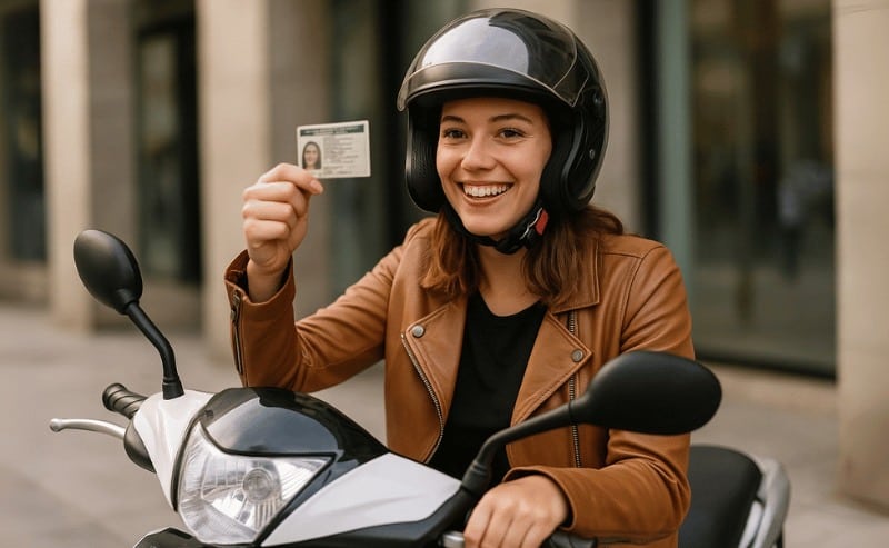 Mulher sorridente em uma moto segura sua carteira de habilitação com orgulho, usando capacete e jaqueta, em cenário urbano com iluminação natural.