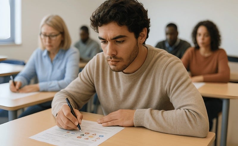 Um jovem concentrado realiza a prova teórica para obter a CNH em uma sala de aula, com outros candidatos ao fundo em clima de foco e seriedade