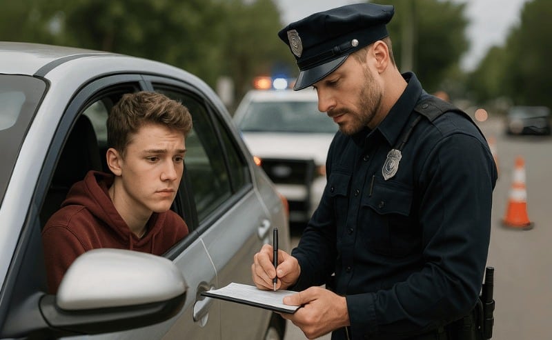Um adolescente, com expressão preocupada, está no banco do motorista de um carro parado, enquanto um policial anota uma multa durante uma blitz, com cones e viatura ao fundo