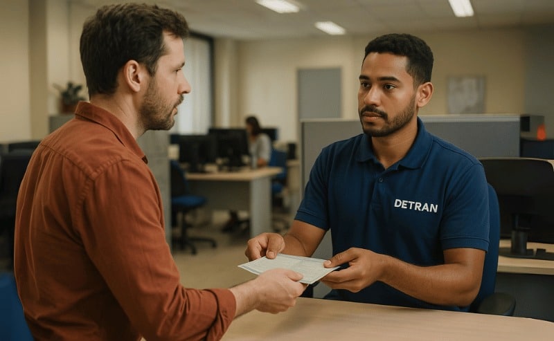 Uma pessoa entrega documentos a um funcionário do DETRAN em um ambiente de atendimento, ambos com expressões sérias e focadas no processo