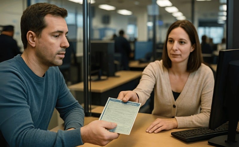 Uma pessoa recebe seu licenciamento de veículo no balcão de atendimento do Detran, em ambiente interno oficial, com foco no momento da entrega do documento