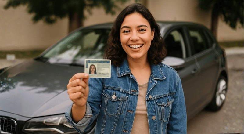 Pessoa sorridente mostrando sua CNH em primeiro plano, com um carro ao fundo em ambiente externo, sob iluminação natural e realista