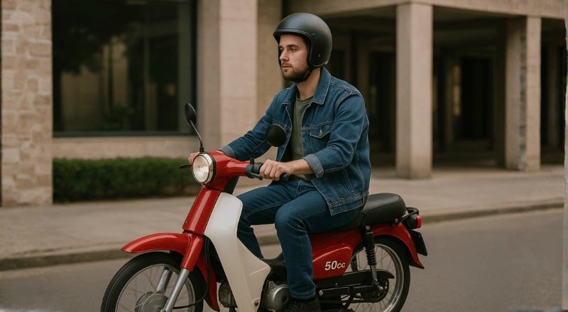 Uma pessoa conduzindo uma moto 50cc em uma rua urbana, vista em plano médio e ângulo levemente lateral, com iluminação natural suave e aparência realista, destacando a postura, as mãos no guidão e o ambiente ao redor sem textos ou símbolos visíveis