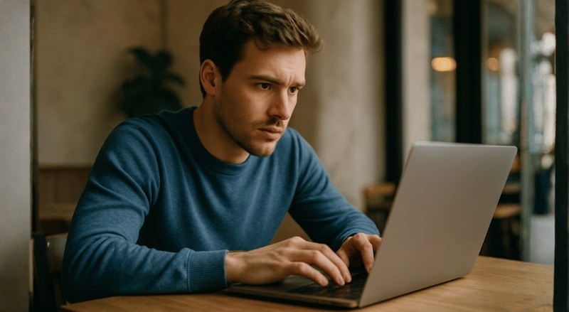 Uma pessoa concentrada usando seu laptop em um ambiente interno iluminado de forma suave, vista em plano médio e ângulo levemente lateral, transmitindo foco e profissionalismo.