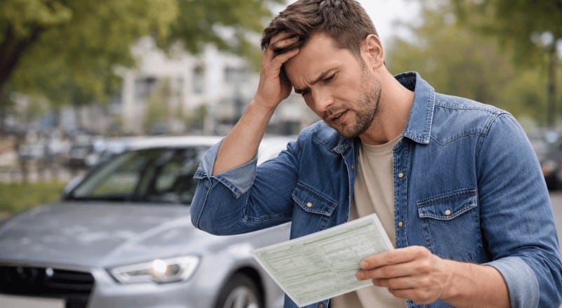 Homem em pé ao lado do carro, com a tampa fechada ao fundo, segura o documento do veículo enquanto leva uma das mãos à cabeça, demonstrando preocupação